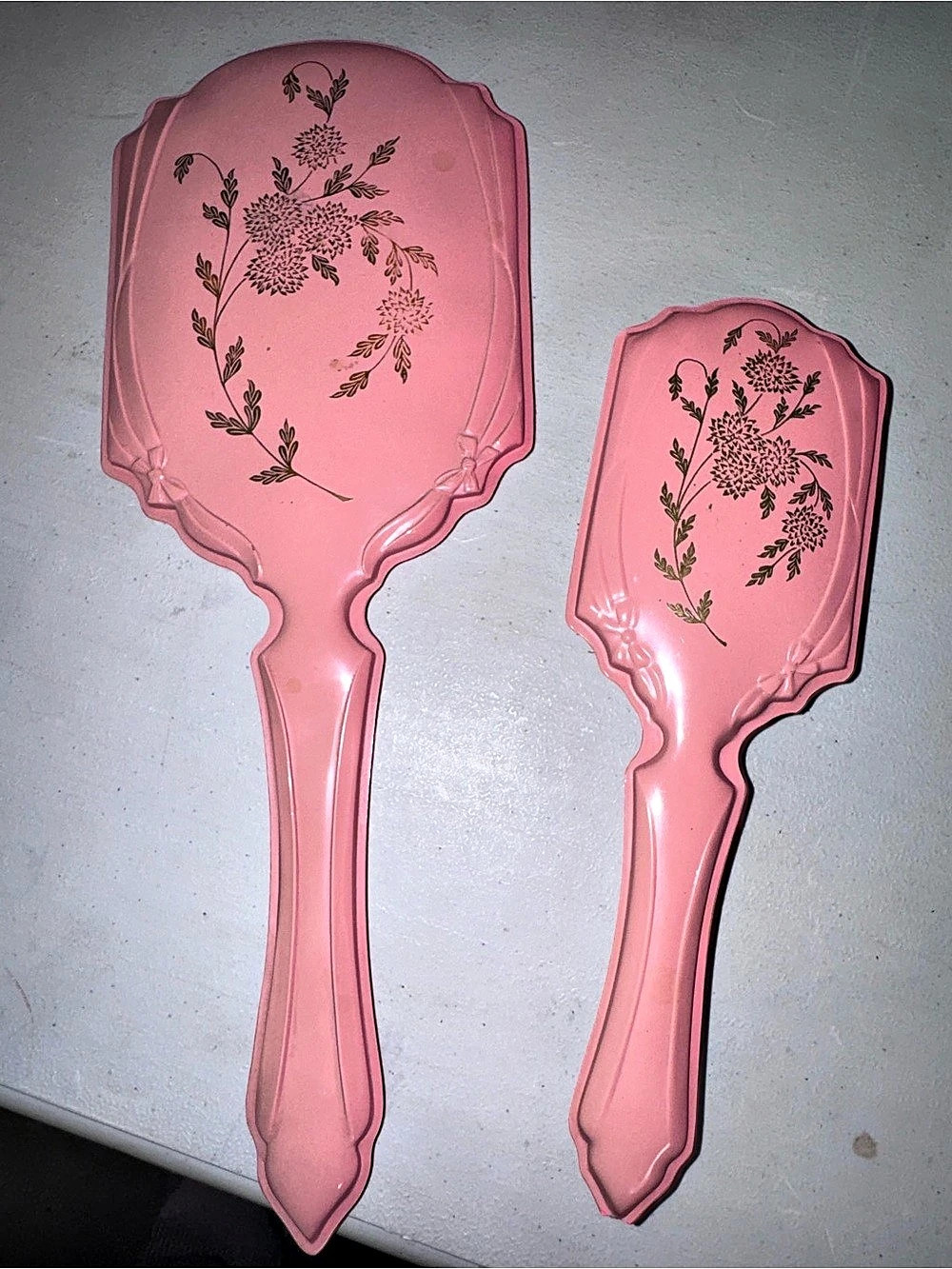 Vintage Pink Floral Hand Mirror & Hairbrush